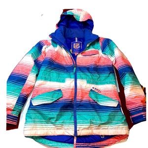 L Burton Dryride Ski Jacket Winter Coat DA NANG Blue pink green Striped Hooded L